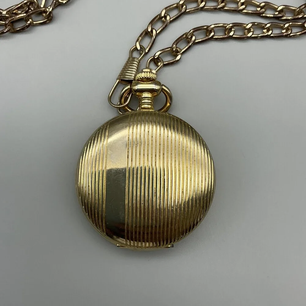 Milan Pocket Watch Men 46.9mm Gold Tone Full Hunter Chain White Date New Battery